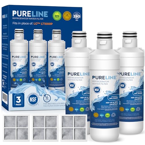 Pureline LT1000PC Refrigerator Water Filter Replacement for LG LT1000P, ADQ747935, MDJ64844601, Kenmore 46-9980 and LT120F Air Filter (3 Pack)