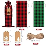 DULEFUN 12pcs Christmas Wine Burlap Bags, Christmas Wine Bags Classic Buffalo Plaid Wine Bottle Bags Reusable Burlap Xmas Wine Bottle Covers Clothes for Christmas New Year Wedding Holiday Parties