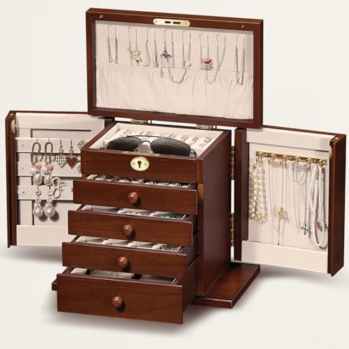 Artisticbox Lockable Wooden Jewelry Box for Women - 8-Layer Dresser Top Jewelry Boxes and Organizer with Key,Large Storage for Necklaces,Solid Wood Jewelry Organizers with Necklace Hooks