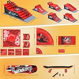 HMEEN Finger Skateboards Ramp Set, 6 in 1 Fingerboard Skatepark Deck with 11 Connect Plate, Fingerboard Half Pipe Ramp for Kids Adults Fingerboard Training Props Interactive Freestyle Skate Game, Red