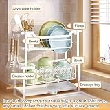 KOSIWU Dish Rack with Drainboard, Organizes Dishes and Bathroom Items for Narrow Spaces, Two-Story Drying Rack Fits 12 Plates 12 Bows 5 Glasses 4 Hooks and Some Cutlery, White