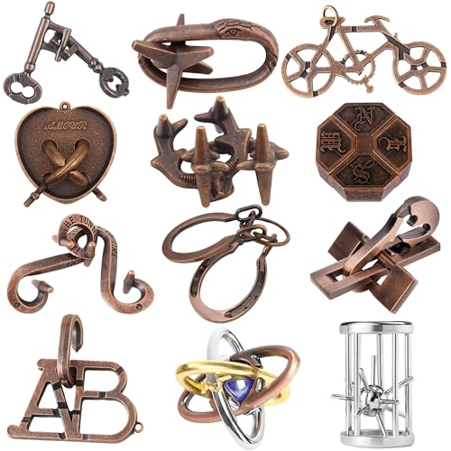12Pcs Brain Teaser Puzzles for Adults and Teens, 3D Metal Puzzle Set with Various Difficulty Levels, IQ Logic Challenge Disentanglement Game, Fun Handheld Brain Teasers for Focus, Gifts for Boys Girls