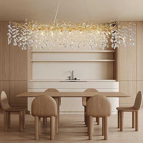 YUYI Modern Crystal Chandelier, 71" Gold Tree Branch Chandelier, 20-Lights Rectangular Raindrop Chandeliers for Dining Room Kitchen Island Living Room Foyer, Luxury K9 Crystals Pendant Light Fixtures