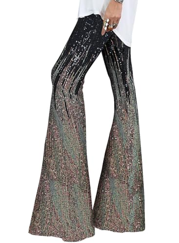 EVALESS Women's High Waist Sparkly Sequin 70's Disco Wide Leg Flare Pants Lounge Trousers Bell Bottom Multicolor L 12 14