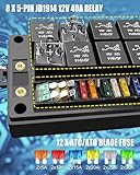 Pre-Wired Fuse Relay Box Waterproof, 8 5-Pin JD1914 Relay Slots and 12 ATC ATO Fuse Holder, with 8 5-Pin Relays and 12 Fuses, 12V Relay Fuse Block for Car Truck Boat RV Automotive Marine