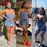 Molilove Women's Denim 2 Piece Outfits Button Tube Top and Cargo Shorts with Pockets Summer Sexy Jeans Shorts Set Tracksuits