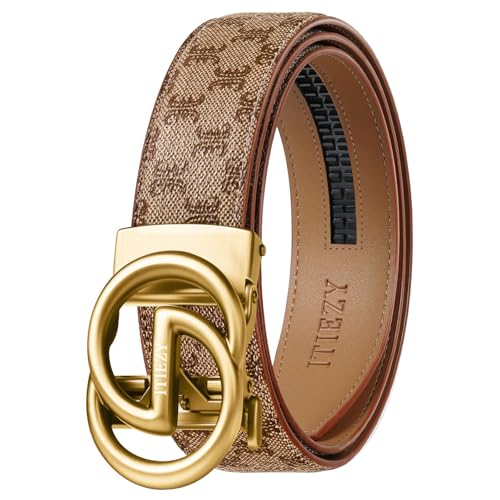 ITIEZY Ratchet Belts for Men - Leather Click Belt for Casual Dress 1 3/8", Mens Adjustable Belt Trim to Fit