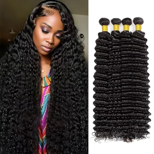 12A Human Hair Bundles 22 24 26 28 Inch Deep Wave Bundles Human Hair 100% Unprocessed Brazilian Virgin Deep Curly Weave 4 Bundle Water Wavy Hair Extensions Real Human Hair 1B Bundle for Women