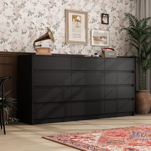 TAMUNE 63” Dresser Chest of Drawers 12 Drawer Dresser, Modern Dresser 12 Drawer Chest Dresser for Living Room Bedroom, No Handle Design, Black 15.7”D x 63”W x 31.5”H