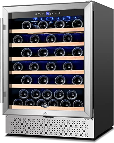 Tylza 24 Inch Wine Cooler Refrigerator 51 Bottle Built-in or Freestanding 24'' Fridge with Stainless Steel & Double Layer Tempered Glass Door and Temperature Memory Function