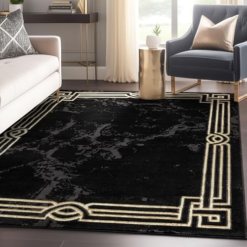 Well Woven Lezlee Abstract Modern 7'10" x 9'10" Area Rug Black Gold Marble Border - for Living Room, Dining Room, Bedroom