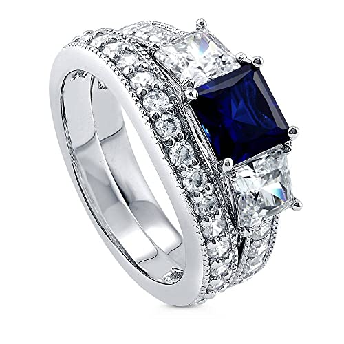 BERRICLE Sterling Silver 3-Stone Wedding Engagement Rings 1.6 Carat Simulated Blue Sapphire Princess Cut Cubic Zirconia CZ Ring Set for Women, Rhodium Plated