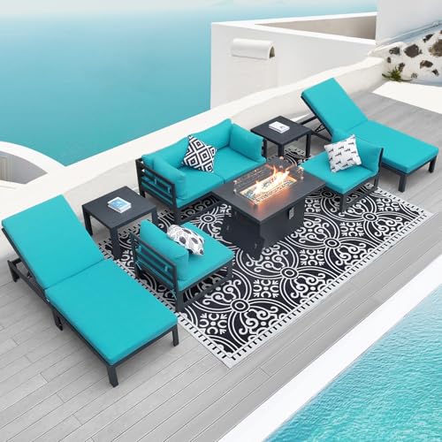 NICESOUL® 9 Pieces Aluminum Outdoor Patio Sectional Furniture Sofa Set with Fire Pit Table Large Size Luxury Comfortable Durable Water/UV-Resistant for Garden Porch Backyard Party (Teal Blue Cushion)