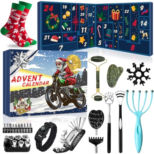 MOVINPE Gadget Advent Calendar for Men Teenage Boys 2024 Christmas, Gadgets Tools Funny Socks, Gua Sha Facial Tools, Paracord Survival Bracelet, 24 Days Gifts for Son, Boyfriend, Husband, Dad