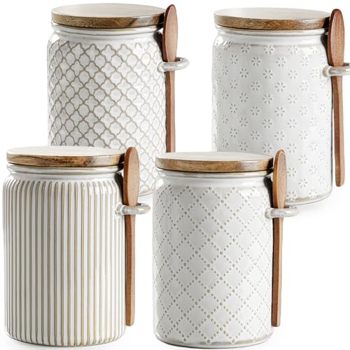 getstar Canisters Sets for the Kitchen, 20 oz Flour Sugar Storage Containers, Ceramic Kitchen Canisters for Countertop Set of 4 with Airtight Lids and Teaspoons