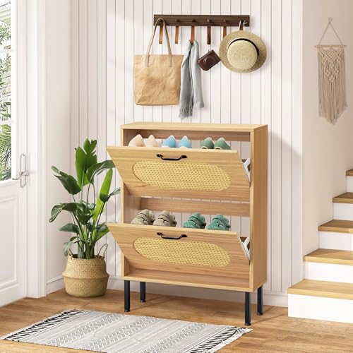 Crownland Shoe Cabinet, Shoe Storage Cabinet with 2 Flip-Out Drawers, Modern Two-Tier Shoe Rack Cabinets for Entryway, Hallway, Living Room(Wood)