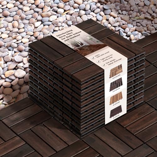 Idzo Interlocking Deck Tiles - 10PCS Waterproof Acacia Wood Patio, Flooring Panels for Both Indoor and Outdoor - Decking Checker Pattern, 12 x 12 x 0.9 Inches, Dark Brown