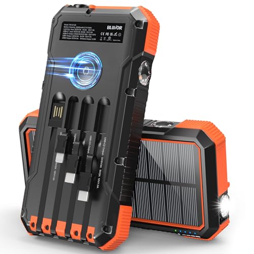 BLAVOR Solar Power Bank 20000mAh Built-in 4 Cables, 20W Fast Charging Portable Charger with USB C in/Output, Flashlight, Battery Pack for iPhone 16/15/14/13/12/11, iPad, Apple Watch, All Mobile Phones