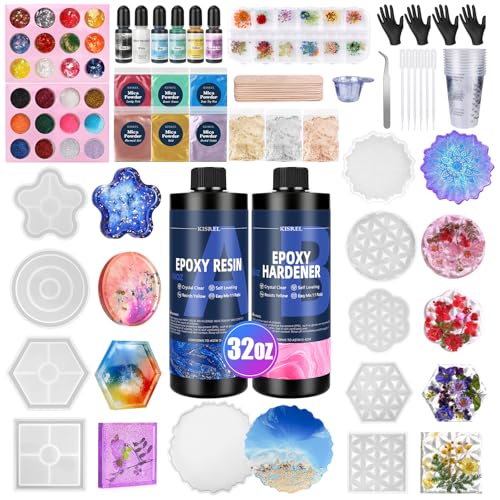 KISREL Epoxy Resin Kit for Beginners, 32oz Resin Kit with Coaster Molds, Complete Accessories Include Pigment, Mica Powders, Dried Flowers, Glitter, Measuring Cups and Other Resina Supplie