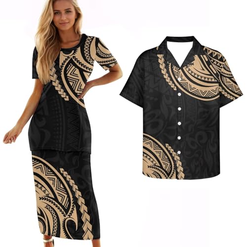 Cjfognsoa Samoa for Couples Black and Gold Polynesian Dress Puletasi Traditional Tribal Polynesian Dress for Women Plus Size Lavalava Couples Matching Luau Outfits for Couple Lava Lava 3XL