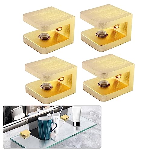 AWEN 4 Pcs Adjustable Glass Shelf Brackets, Solid Brass Glass Clamp No-Drill Glass Holder Clip Support for 8mm - 10mm Thickness Glass (Brushed Brass)