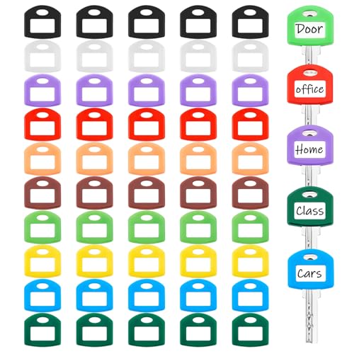 Blulu 50 Pieces Colored Key Covers Cap Tag 1 Inch Key Covers Protectors with Blank White Cardstock Labels and Clear Plastic Sheet for House Keys Classification Organization(Classic Color)