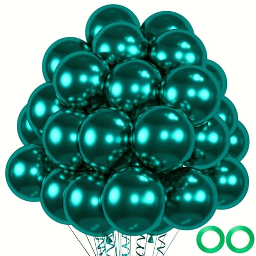 50pcs Chrome Emerald Green Balloons – 12” Double Stuffed Metallic Dark Green Balloons for Weddings, Class of 2025 Graduations, Baby Shower Luxury Event Decor– Includes 66ft Ribbons