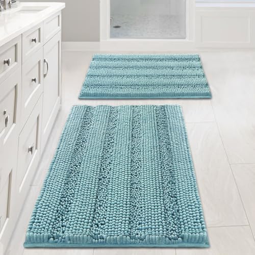 H.VERSAILTEX Extra Thick Chenille Striped Pattern Bath Rugs for Bathroom Non Slip - Soft Plush Shaggy Mats for Floor, Indoor, Entryway (Aqua Haze, 32 x 20 Plus 24 x 17 - Inches)