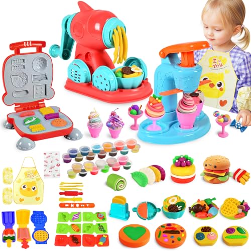 BlingCnsy Playdough Sets for Kids Age 4-8, Ice Cream Noodle Hamburger Maker Color Dough Kitchen Creations Set, Playdough Toys Food Play Toys Kids Arts & Crafts Gifts for Girls Boys Toddlers (24 Dough)