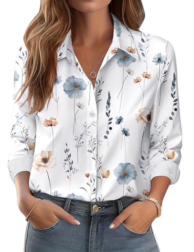 Zeagoo Button Down Shirts for Women Business Casual White Floral Dressy Tops Long Sleeve Work Blouses Spring Outfit