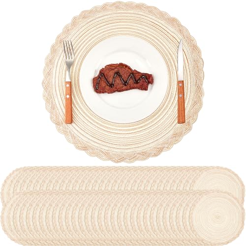 Tioncy Set of 60 Large 15 inch Round Braided Placemats Boho placemats Bulk Washable Fabric Cotton Heat Resistant Round Kitchen Table Mats Circle Nonslip Table Mats (Beige)