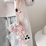 Changjia for iPhone 15 Glitter Bling Case, Cute Luxury 3D Crystal Rhinestone Diamond Sparkle Shiny Gems Flower Pearl with Lanyard Wrist Strap Women Girls Protective Case for iPhone 15 6.1 inch (Pink)