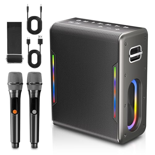 Karaoke Machine with Two Wireless Microphones, Powerful Portable Bluetooth Speaker for Adults & Kids, PA System with 2 Voice Mode, LED Lights, Supports BT/TWS/AUX/USB/TF for Party (Black)