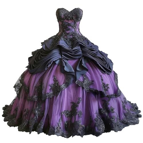 Mauuwy Gothic Quinceañera Dresses for 15 Years Layered Black Lace Ball Gown Dusty Purple 15th Birthday Dresses Vintage Party Pageant Gowns Size 2