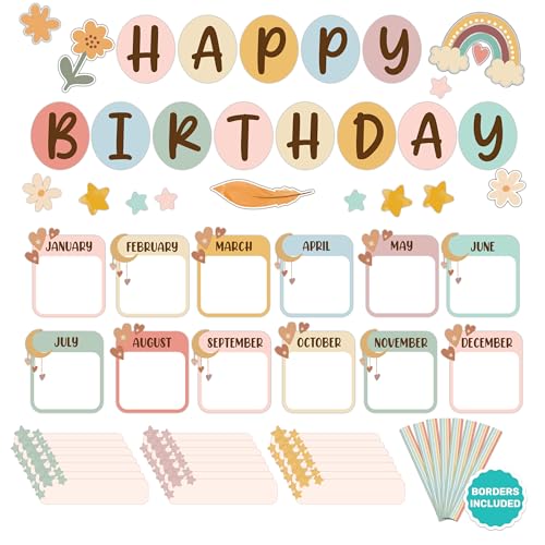 Decorably 97 Pcs Cutouts Boho Birthday Bulletin Board Set for Classroom with Borders, Birthday Chart for Classroom, School