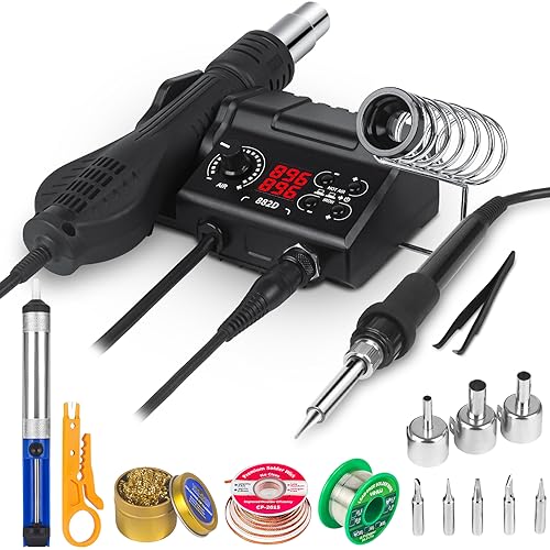 TOOLSLAND Soldering Iron Station with Solder Kit, Updated 882D 2-IN-1 SMD Hot Air Rework Station with 3 Hot Air Nozzles, 5 Soldering Tips, Solder Wick Braid, Solder Wire, Cleaner, Desoldering Pump,etc