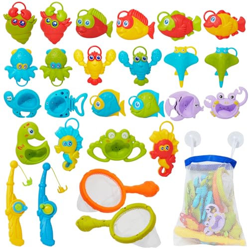 Bath Toy for Toddlers, 26PCS Water Table Bathtub Toy with Hook-Type Fishing Rod Net with Storage Bag, Mold Free Floating Fish Sea Animals Water Bath Pool Outdoor Toys for Kids Toddlers Baby