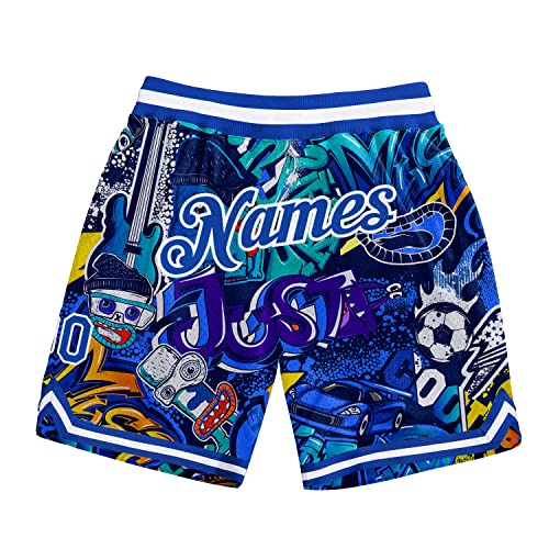 Custom Basketball Shorts Stitched Name Number for Men Boys Knit Rib Mesh Sports Shorts Graffiti Art Royal Blue White Quick Dry Mens Embroidered Sport Pants with Adjustable Drawstring and Pockets,S-3XL
