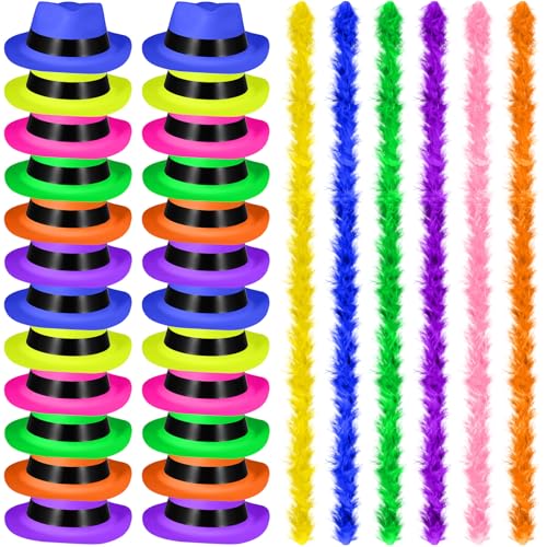 JaGely 48 Pcs Neon Party Supplies 24 Gangster Dress Hats 24 Feather Boas for Halloween Bachelorette Party Carnival Costume(Color,Plastic)