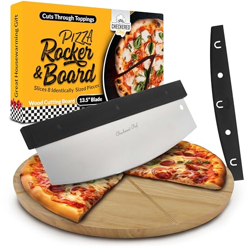 Checkered Chef Premium Pizza Cutter and Cutting Board Set - Rocker Pizza Cutter and 13.5 Inch Round Wooden Pizza Board - Outdoor Pizza Oven Accessories