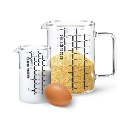 Simax Glass Measuring Cup, Durable Borosilicate Glass, Pack of 2 includes 32 oz and 16 oz Easy to Read Metric Measurements in Liter, Milliliter, Ounce, Sugar Grams, Drip Free Spout, Microwave Safe
