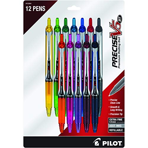 Pilot, Precise V5 RT Refillable & Retractable Rolling Ball Pens, Extra Fine Point 0.5 mm, Assorted Colors, Pack of 12