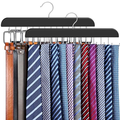 2 Pack Tie Rack & Belt Hanger 2 in 1 Tie Hanger Space Saving Max 42 Belts& 60 Ties Capacity for Closet Organizers and Storage, Sturdy Wood Belt & Tie Collection Organizer