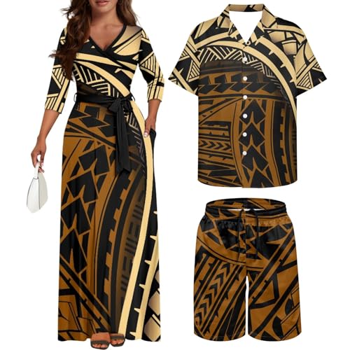 Cjfognsoa Polynesian Clothing for Couples Hibiscus American Puletasi Samoan Traditional Tribal Luau Outfits for Men Matching Hawaiian Outfits for Couples Samoa for Couples Hawaii 3XL