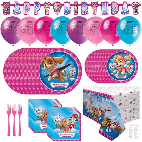Skye Paw Patrol Birthday Decorations - Paw Patrol Birthday Decorations Girl - Bundle with Plates, Napkins, Table Cover, Banner, Balloons, Forks, Checklist - Pink Party Supplies for 16 Guests