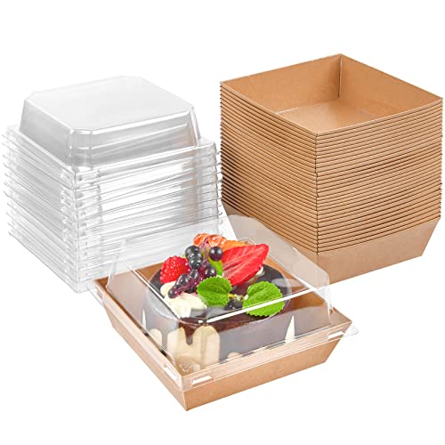 Kucoele 50 Pack Small Charcuterie Boxes with Clear Lids, 4 Inches Paper Bakery Boxes Dessert Boxes Disposable To Go Food Containers for Cookie, Cake Slice, Mini Cake, Chocolate Strawberry (Brown)