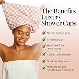 Kitsch Luxury Shower Caps for Women Reusable Waterproof - Flexi Satin Lined, Large Shower Cap for Men, Non-slip, Quick-dry, Adjustable, Stylish Hair Cap for Long & Short Hair - Terracotta Checker