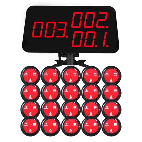 KOQICALL Wireless Calling System Call Waiter Pager 3 Digit Number Pagers for Restaurant Fast Food Cafe 1 Displays and 20 Table Call Button with Call/Bill/Cancel (Black-red 1+20)