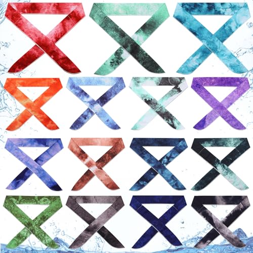 Lenwen 15 Pcs Cooling Neck Wraps Cooling Bandana Tie Dye Neck Cooler Ice Wrap Scarf Headband for Hot Weather for Women Men