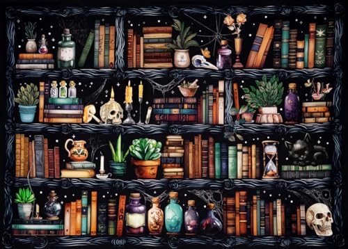 Bookshelf Stamped Cross Stitch Kits - Magical Book Counted Cross Stitch Kits for Beginners Adults Skull Needlepoint Cross-Stitch Patterns Dimensions Needlecrafts Embroidery Kits Arts and Crafts